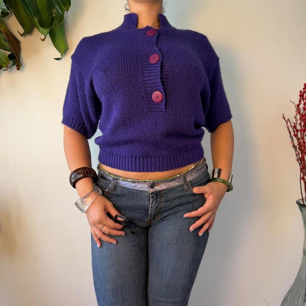 Vintage JHI Purple High Neck Knit Sweater Short Sleeve Pink Buttons Large